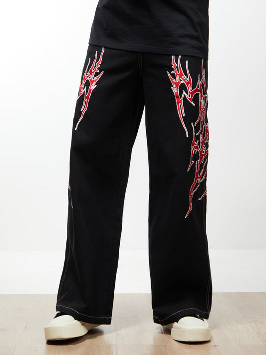 Contrast Flame Embroidered Baggy Jeans - 2364