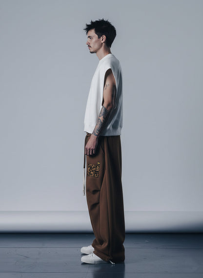 Retro Double-Waist Leopard Patch Barrel Pants