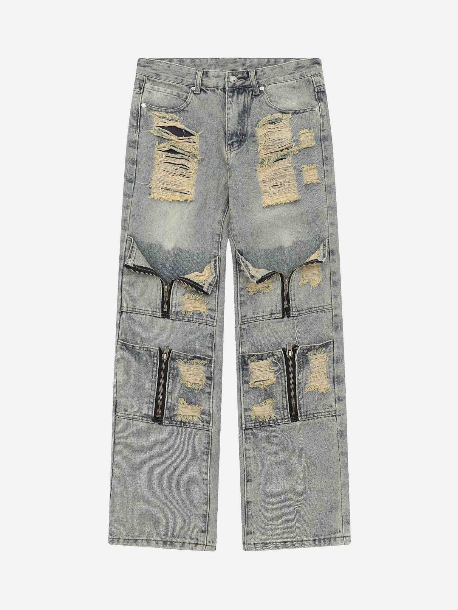 Thesupermade American High Street Washed And Torn Work Pockets Straight Denim Pants - 1646