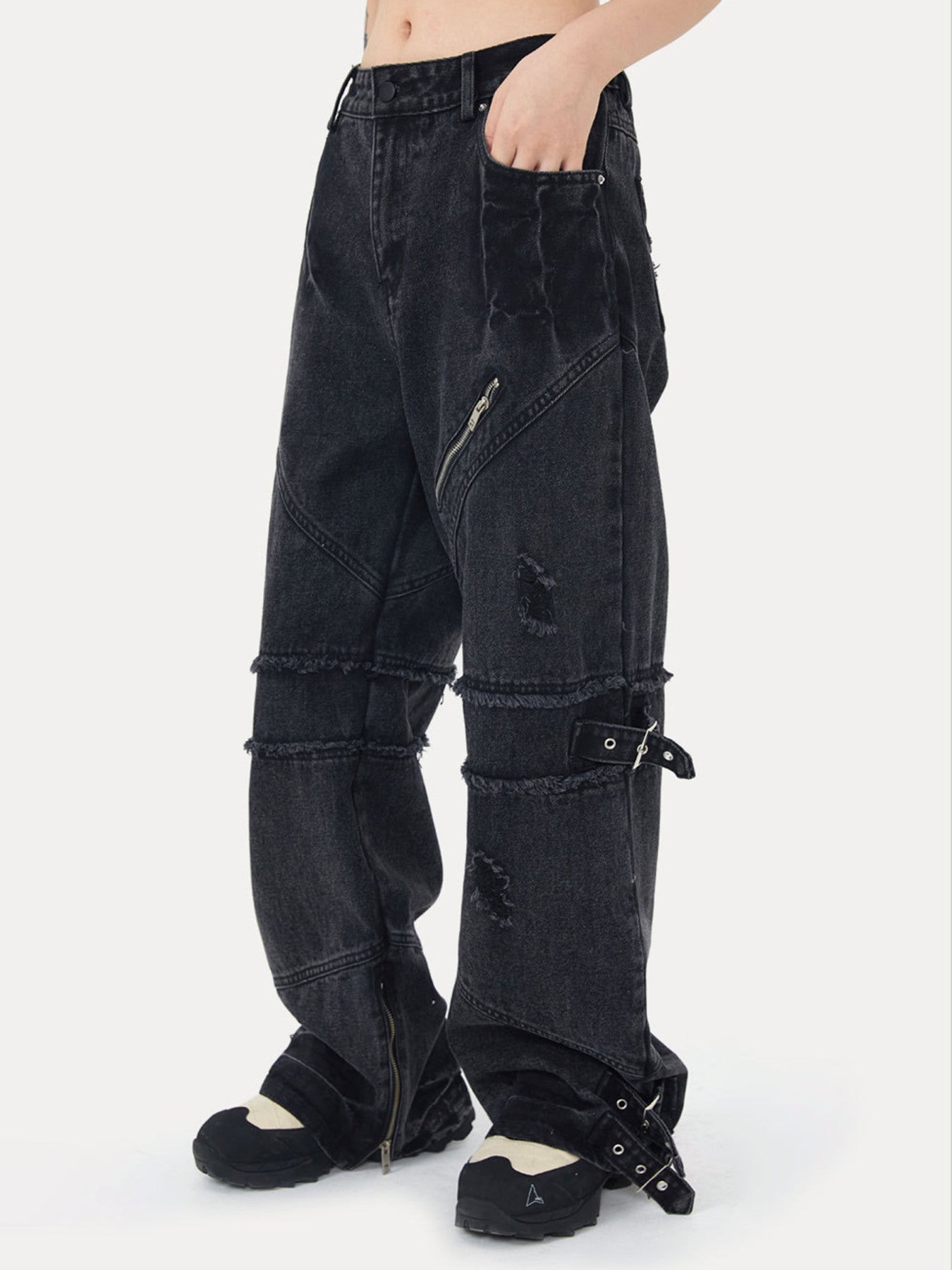 The Supermade Hip-hop Retro Wash Old Punk Denim Pants Loose Straight Pants Couple Models-1456