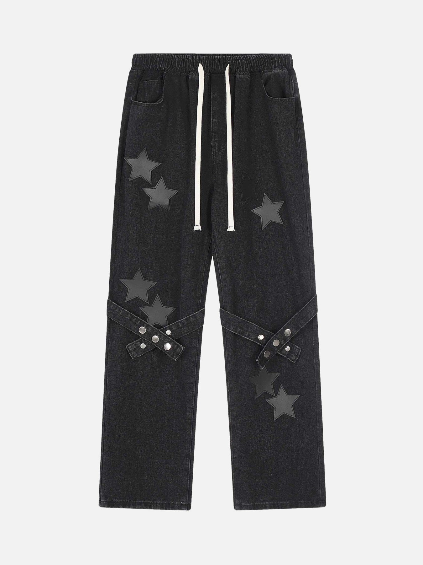 Thesupermade Star Embroidered Flutter Belt Elastic Waist Jeans