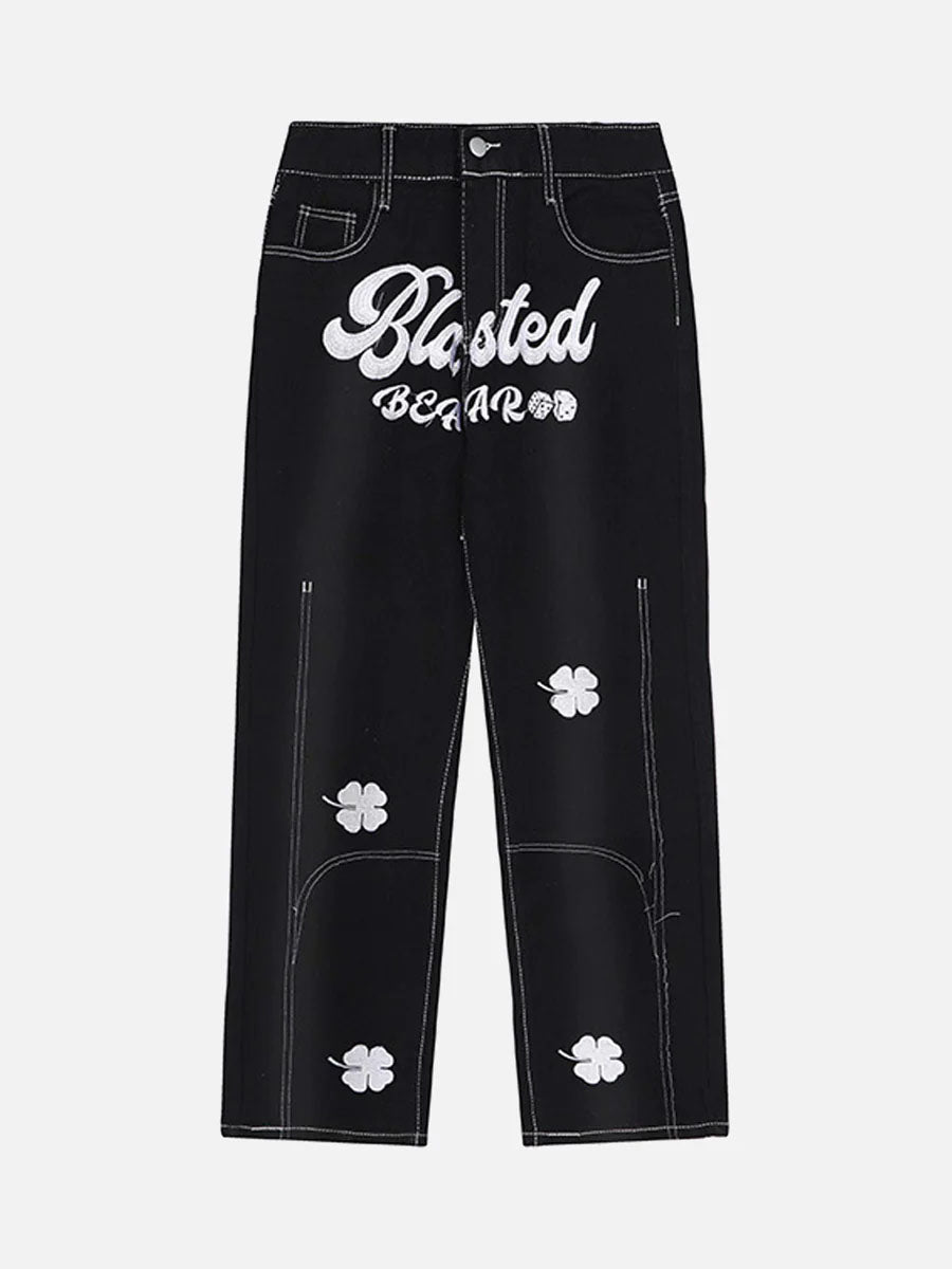 Letter Lucky Clover Embroidered Baggy Jeans