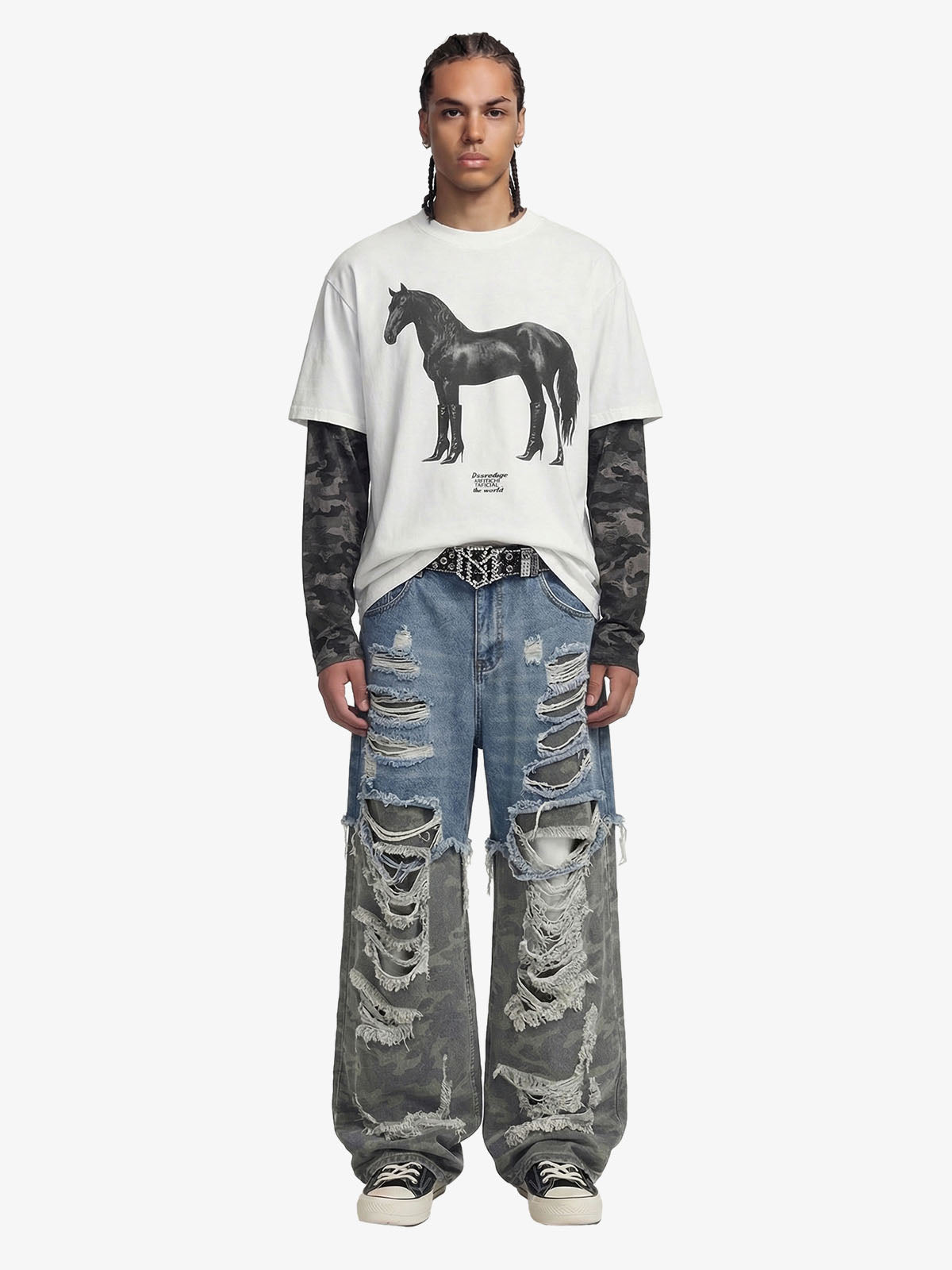 Camouflage Patchwork Ripped Cargo Jeans - 2452 