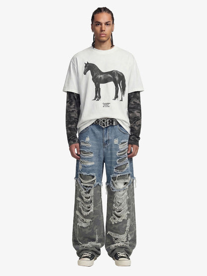 Camouflage Patchwork Ripped Cargo Jeans - 2452 