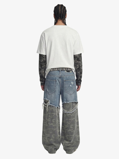 Camouflage Patchwork Ripped Cargo Jeans - 2452 