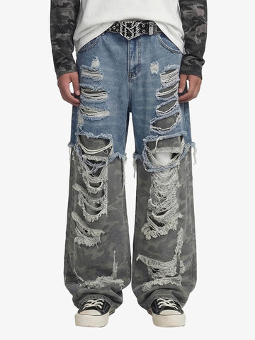 Camouflage Patchwork Ripped Cargo Jeans - 2452 