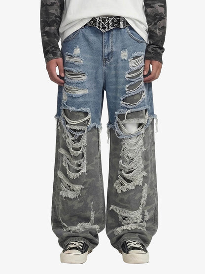 Camouflage Patchwork Ripped Cargo Jeans - 2452 