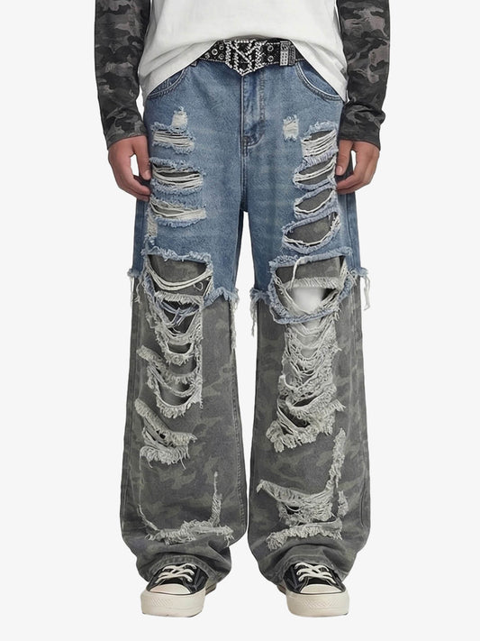 Camouflage Patchwork Ripped Cargo Jeans - 2452 