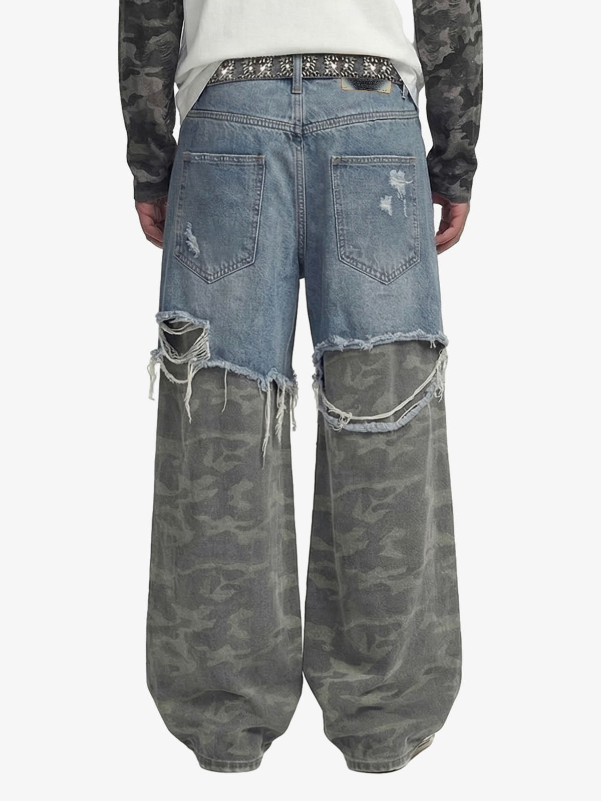 Camouflage Patchwork Ripped Cargo Jeans - 2452 