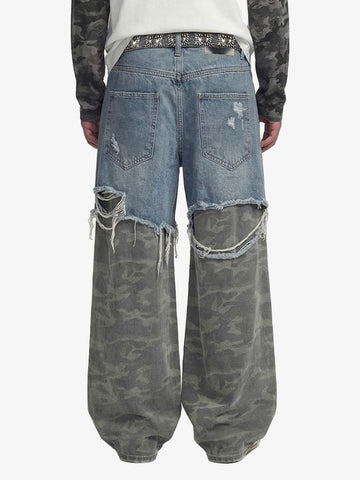 Camouflage Patchwork Ripped Cargo Jeans - 2452 