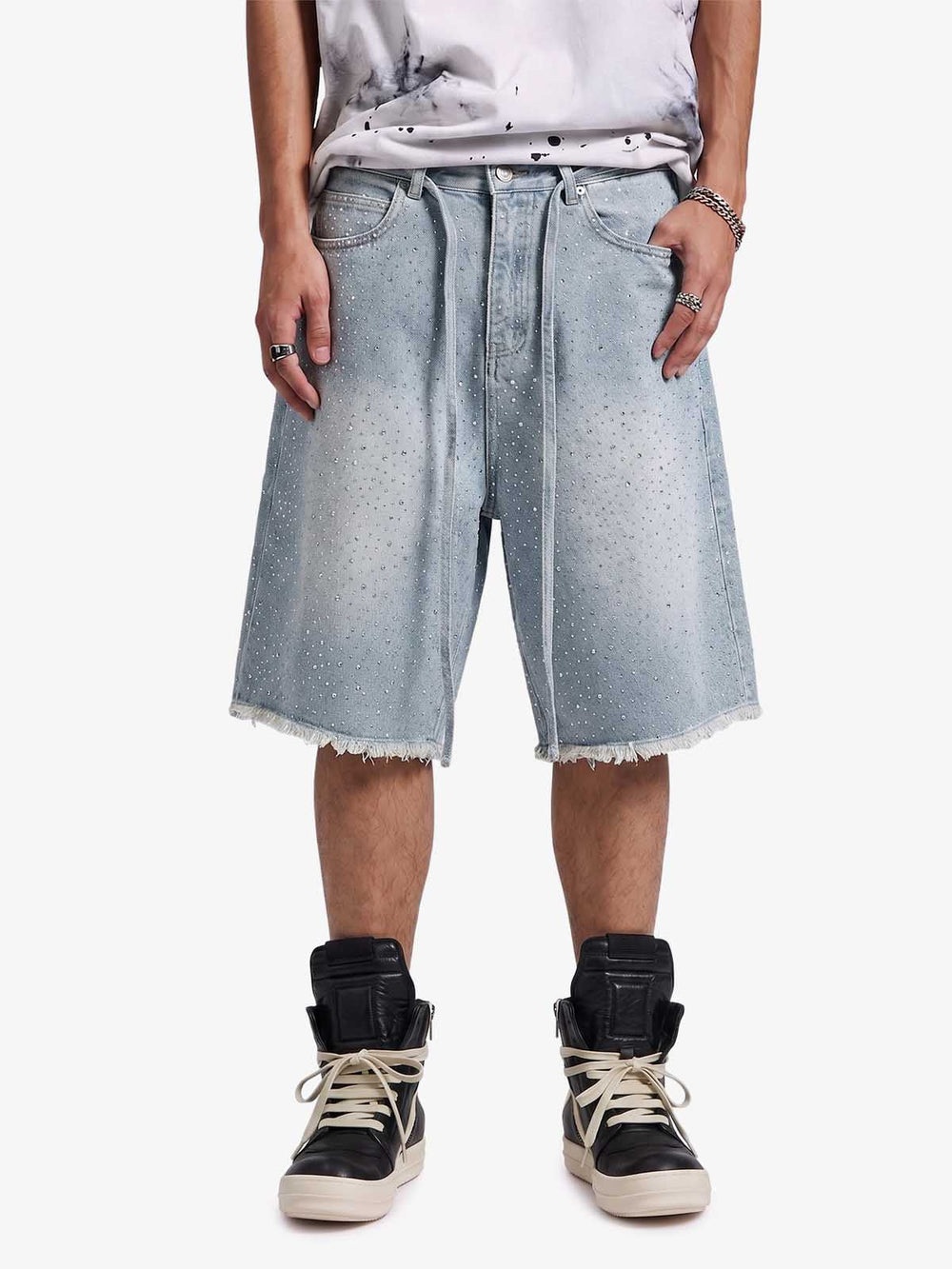 Distressed Rhinestone Denim Jorts - 2454 