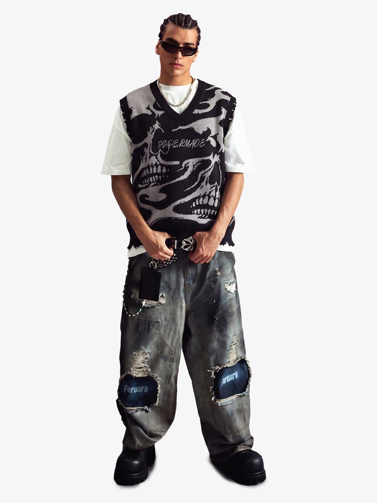 High Street Dark Skull Frayed-edge V-neck Sweater Vest 