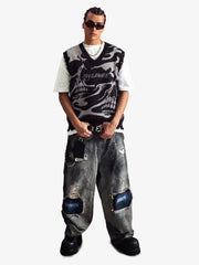 High Street Dark Skull Frayed-edge V-neck Sweater Vest 