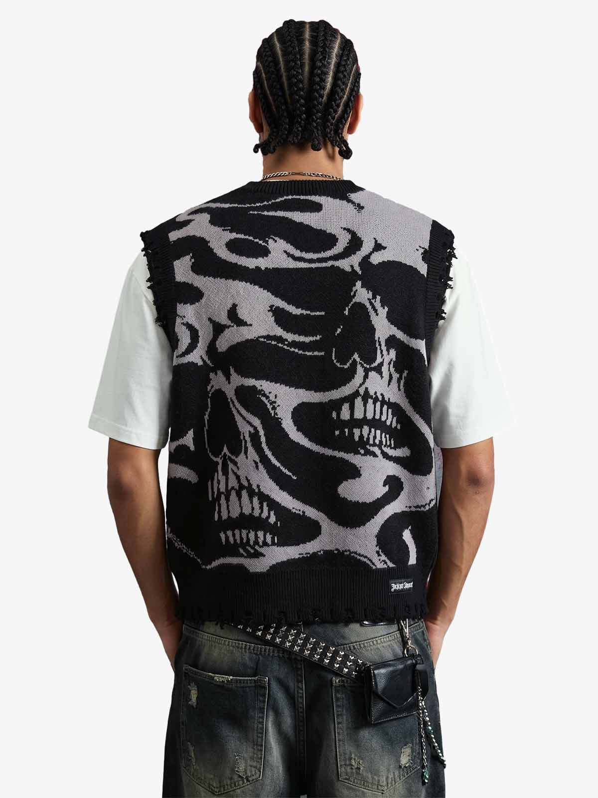 High Street Dark Skull Frayed-edge V-neck Sweater Vest 