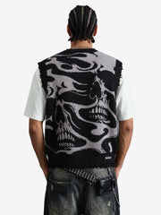 High Street Dark Skull Frayed-edge V-neck Sweater Vest 