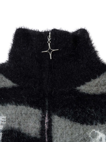 Thesupermade Stand Collar Striped Zip Up Fleece Sweater 