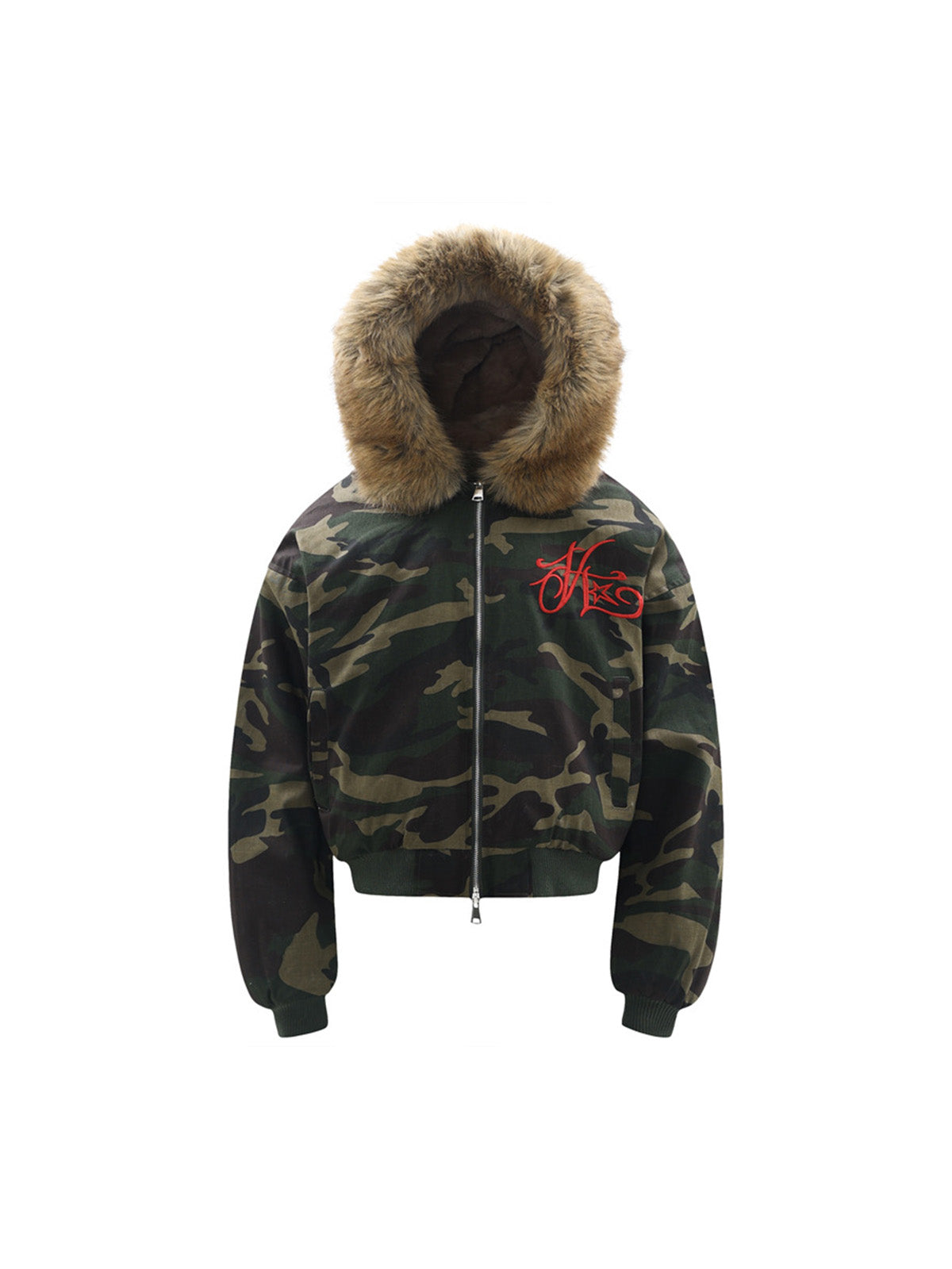 Embroidered Detachable Fur Hooded Jacket 