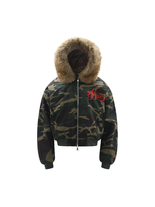 Embroidered Detachable Fur Hooded Jacket