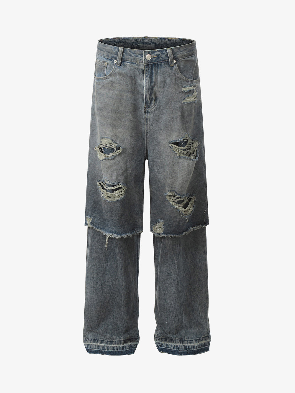 Layered Ripped Straight-Leg Jeans