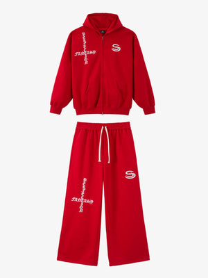 Gothic Letter Cross Embroidery Zip Up Hoodie and Sweatpants Set 