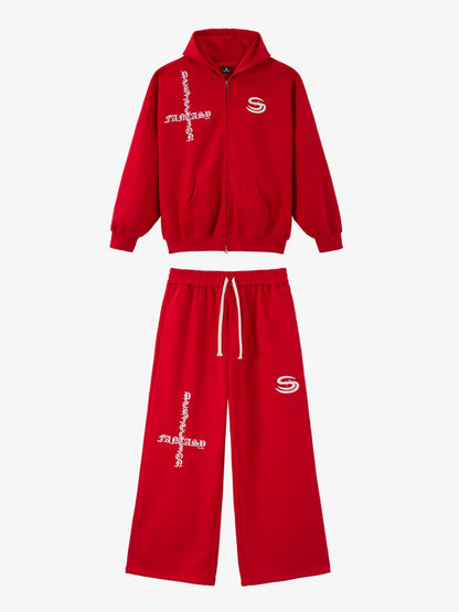 Gothic Letter Cross Embroidery Zip Up Hoodie and Sweatpants Set 