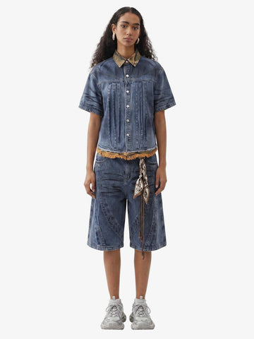 Camo-Trimmed Pleated Denim Utility Set 