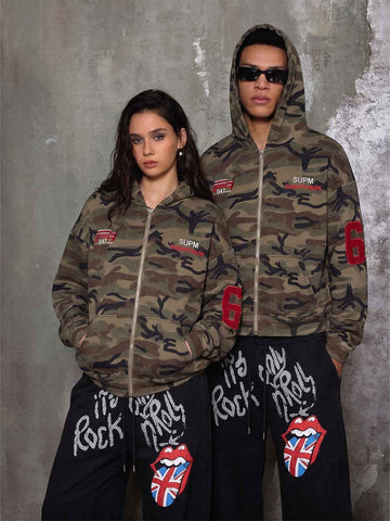 Camouflage Print Boxy Zip-Up Hoodie