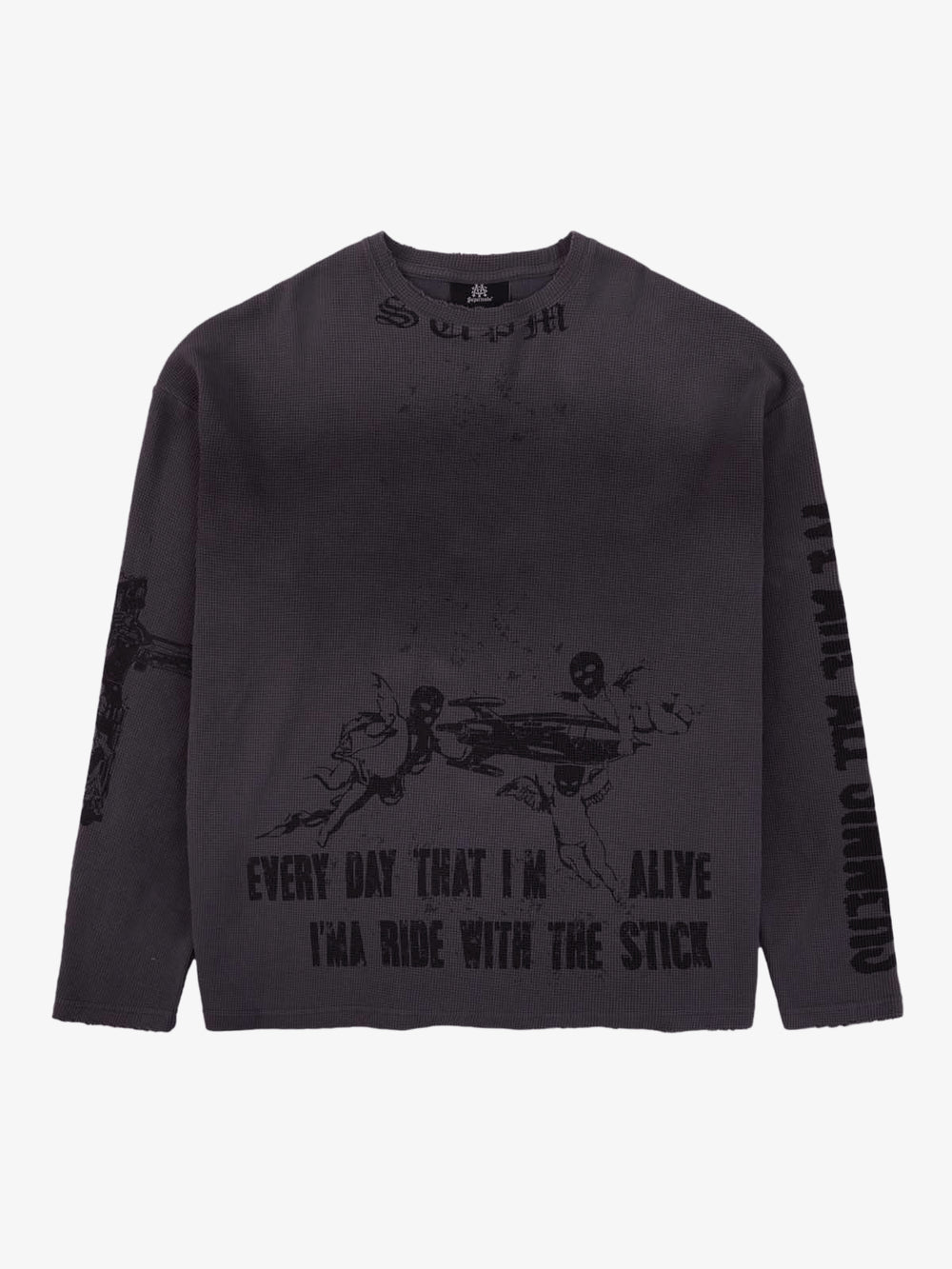 Waffle-Knit Distressed Gradient Print Long T-Shirt