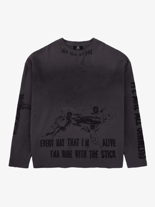Waffle-Knit Distressed Gradient Print Long T-Shirt