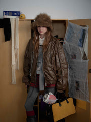 Retro Brown Faux Leather Zip-Up Bomber Jacket 