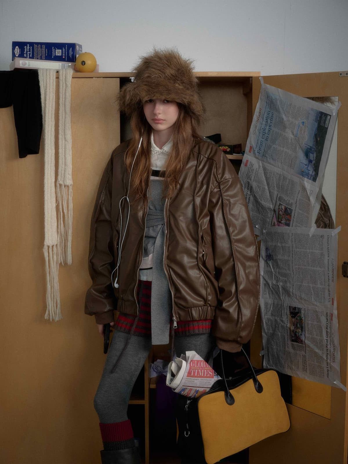 Retro Brown Faux Leather Zip-Up Bomber Jacket 