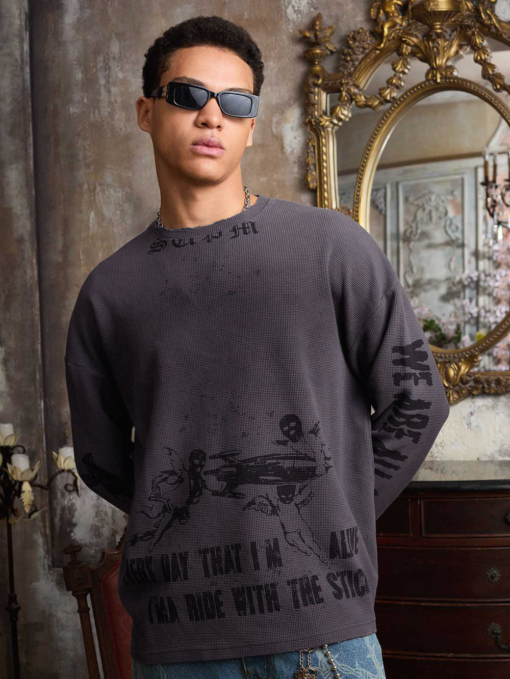 Waffle-Knit Distressed Gradient Print Long T-Shirt