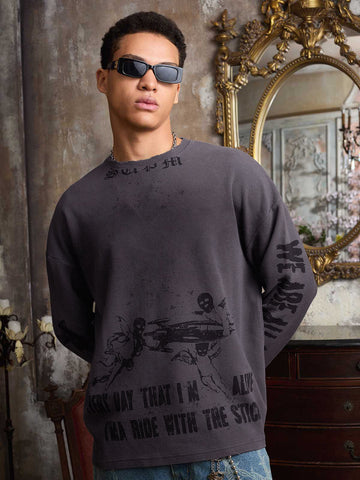 T-shirt long en maille gaufrée à imprimé dégradé vieilli