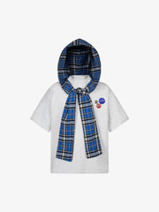 Jersey Knit Detachable Badge Hooded Plaid Cape T-Shirt 