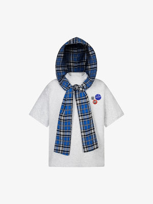 Detachable Badge Hooded Plaid Cape T-shirt 