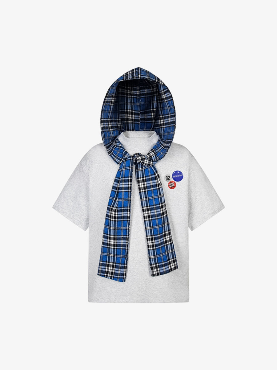 Jersey Knit Detachable Badge Hooded Plaid Cape T-Shirt 