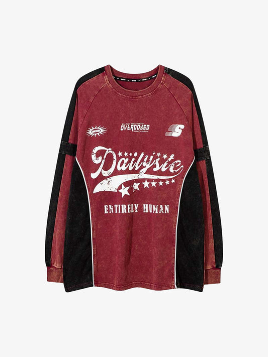 Washed Distressed Letter Print Contrast Stitching T-shirt 
