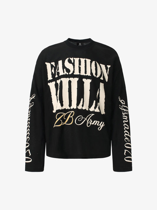 Retro Letter Print Waffle Simplicity Long-sleeved T-shirt 