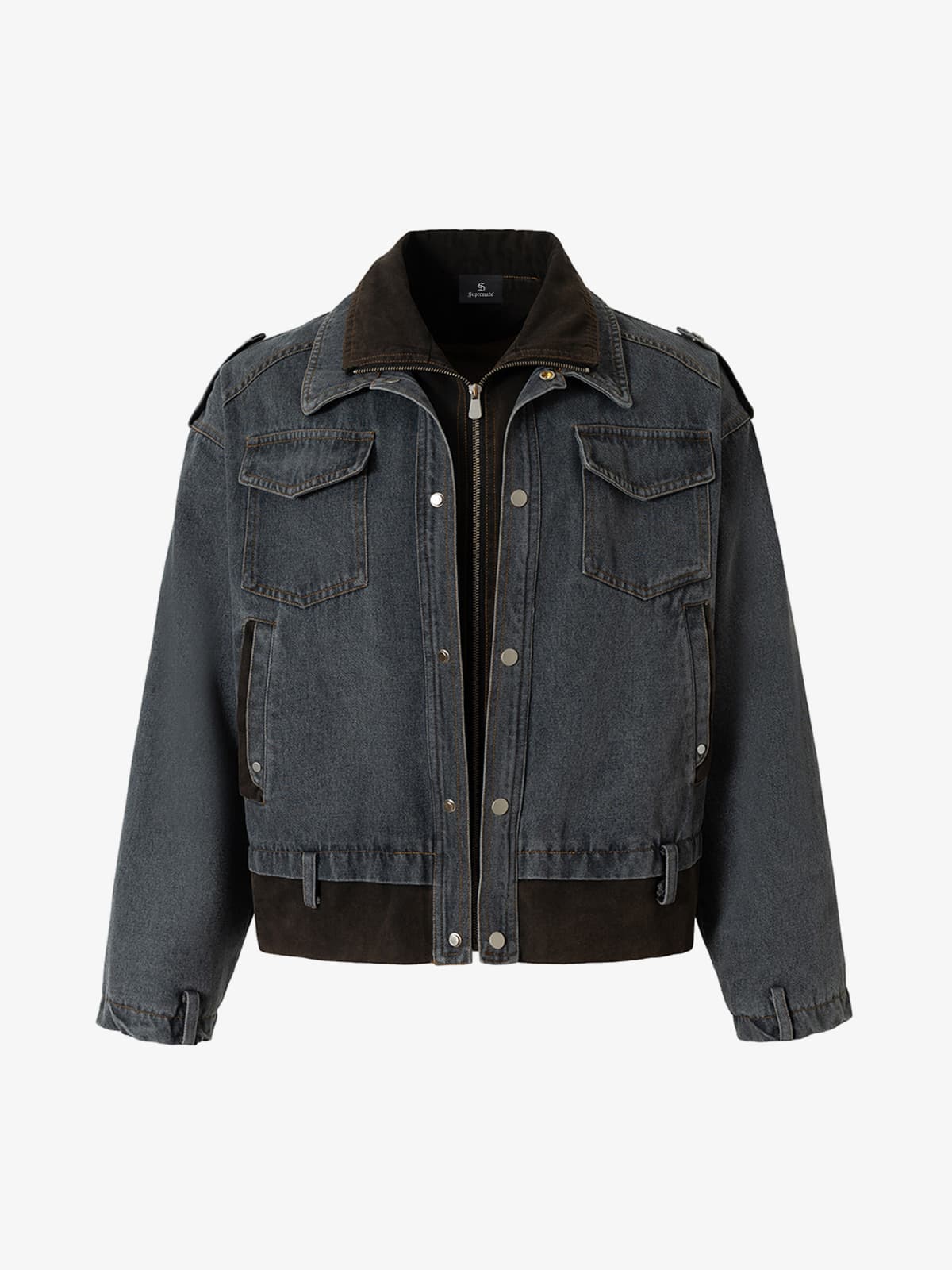 Vintage Washed Functional Faux Two Piece Work Denim Jacket 