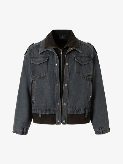 Vintage Washed Functional Faux Two Piece Work Denim Jacket 