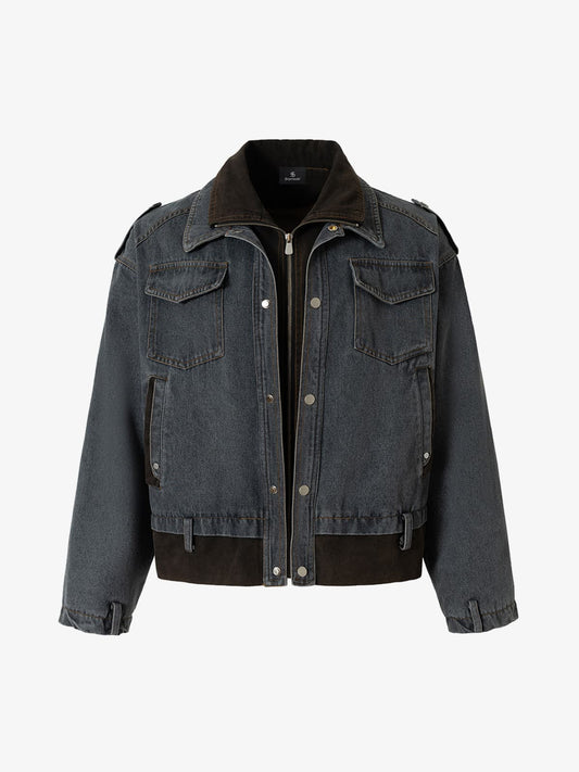 Vintage Washed Functional Faux Two Piece Work Denim Jacket 