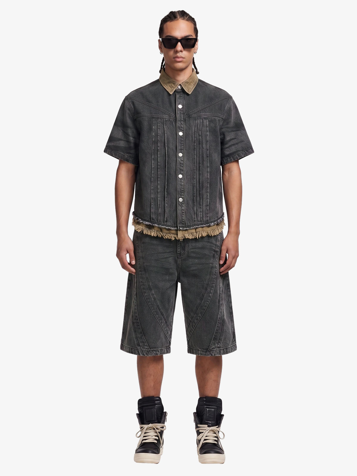 Camo-Trimmed Pleated Denim Utility Set 