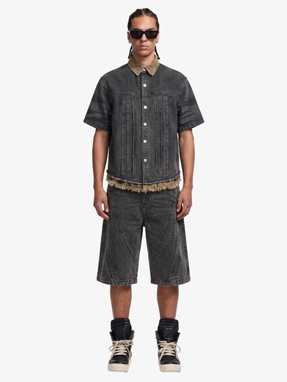 Camo-Trimmed Pleated Denim Utility Set 