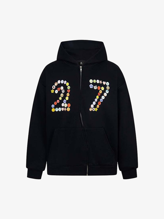 Fun Multicolor Button Print Hooded Cardigan Sweatshirt 