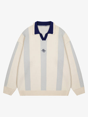 Vertical Striped Colorblock Lapel Sweater 