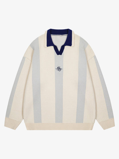 Vertical Striped Colorblock Lapel Sweater 