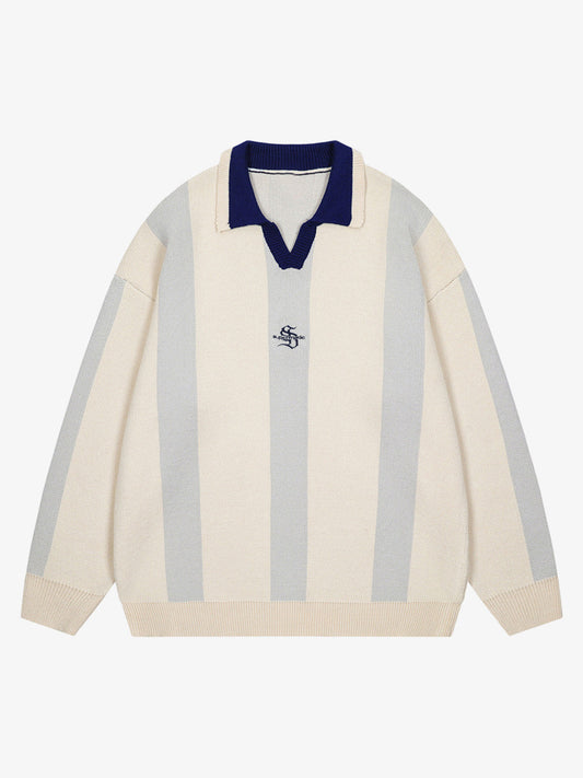 Vertical Striped Colorblock Lapel Sweater 