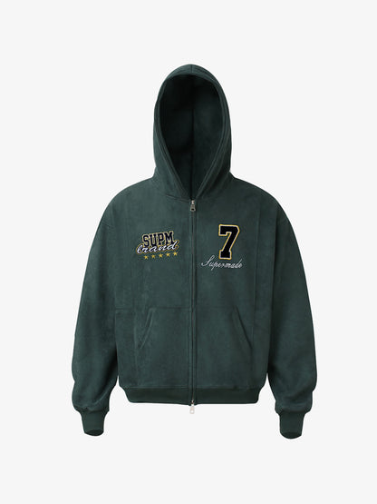 Suede Letter Embroidered Cropped Zip-Up Hoodie 