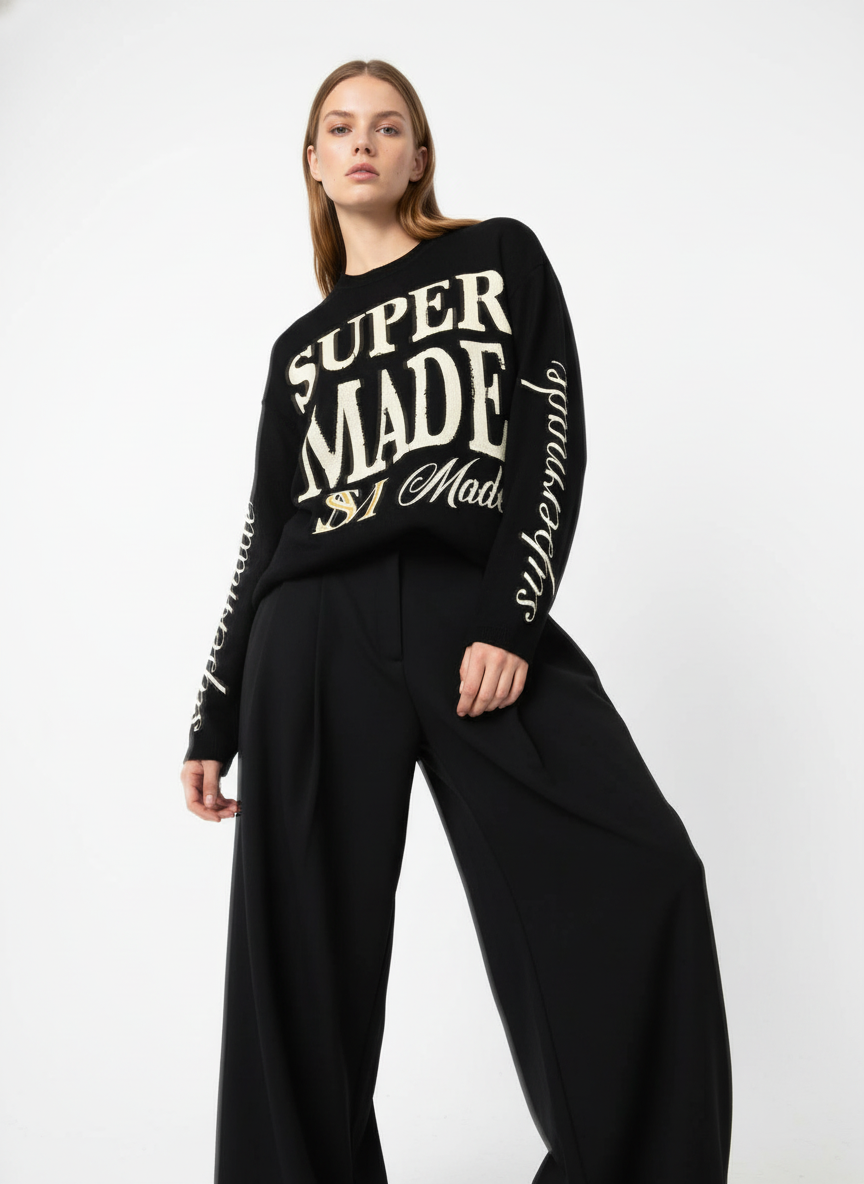 Retro Letter Print Waffle Simplicity Long-Sleeved T-Shirt - 2637 