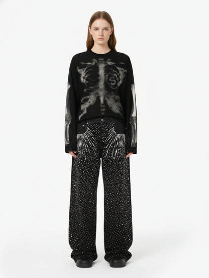 Skeleton Graphic Waffle Sweatshirt – Spooky Halloween Vibes - 2495 